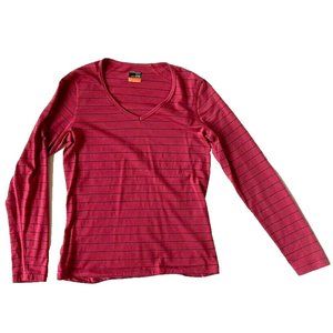 Icebreaker Womens L 200 Merino Bodyfit V-neck Wool Stripe Shirt Long Sleeve pink